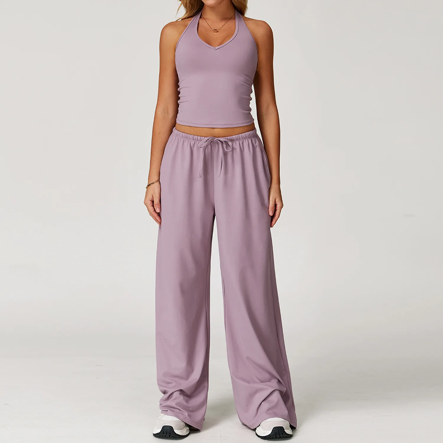 

2PCS Women's Yoga Set Sport Suit Gym Workout Clothes Yoga Vest Gym Crop Top High Waist Drawstring Pants Fitness Suit Sportswear