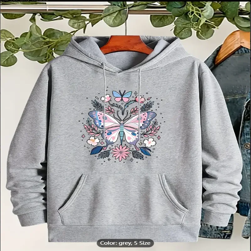 Damska bluza z kapturem, polarowa, z nadrukiem kwiatów i motyli, codzienna, oversize, ze sznurkiem, dla miłośniczek natury.