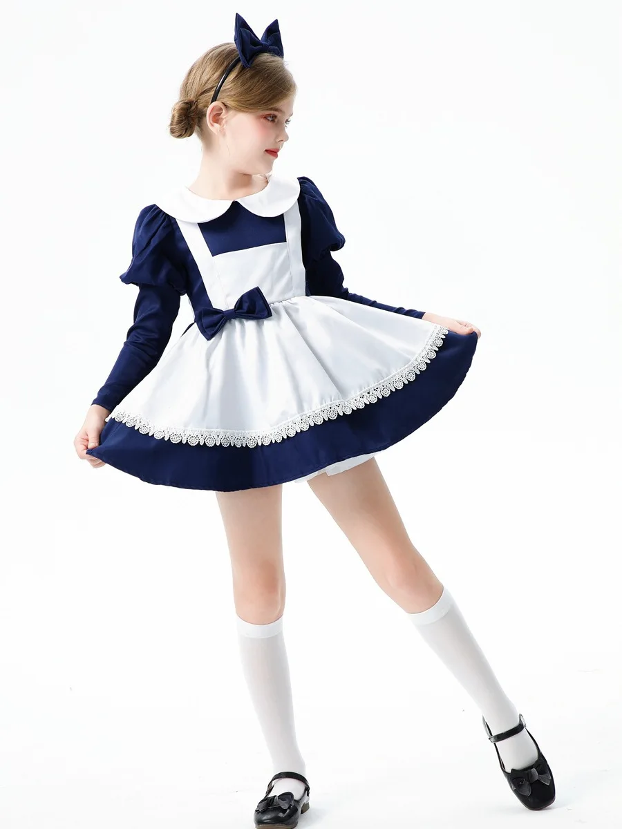 Anime Girl Blue Alice Cute Maid Costume Cosplay blu scuro Lolita Collection manica lunga vestito da cameriera Set Girl Maid Party Costumes