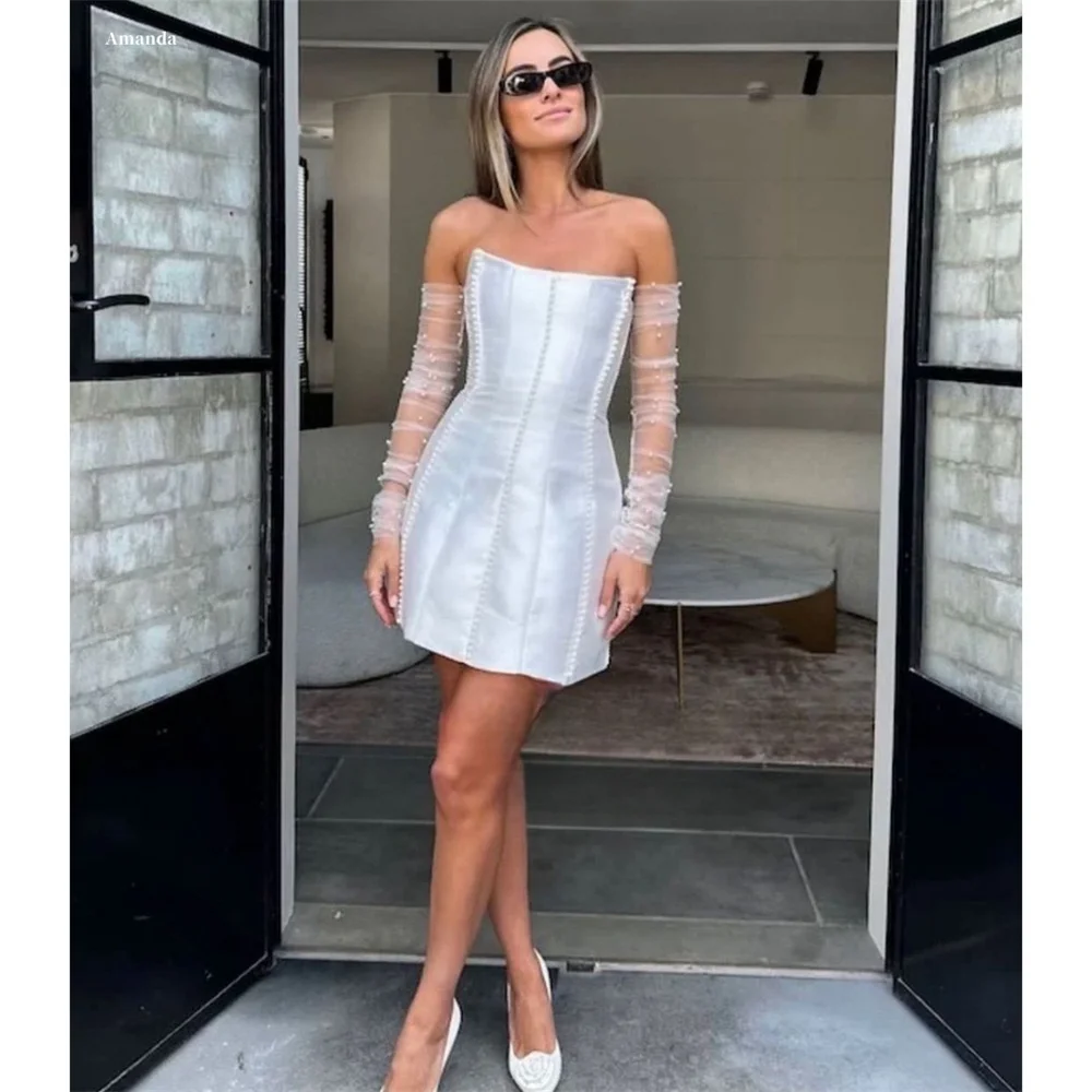 

Amanda Customized White Lace Sleeves Strapless Mini Prom Dresses Pearls vestidos de noche Sleeveless Formal Evening 2025