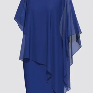 Weiblicher asymmetrischer Chiffon -Umhang, positive Größe, elegante kalte Schulter, Overlay, Monochrom, runder Kragen, Frauenkleider, Sommer 6 Hauptverkäufe mit Overlay - №2