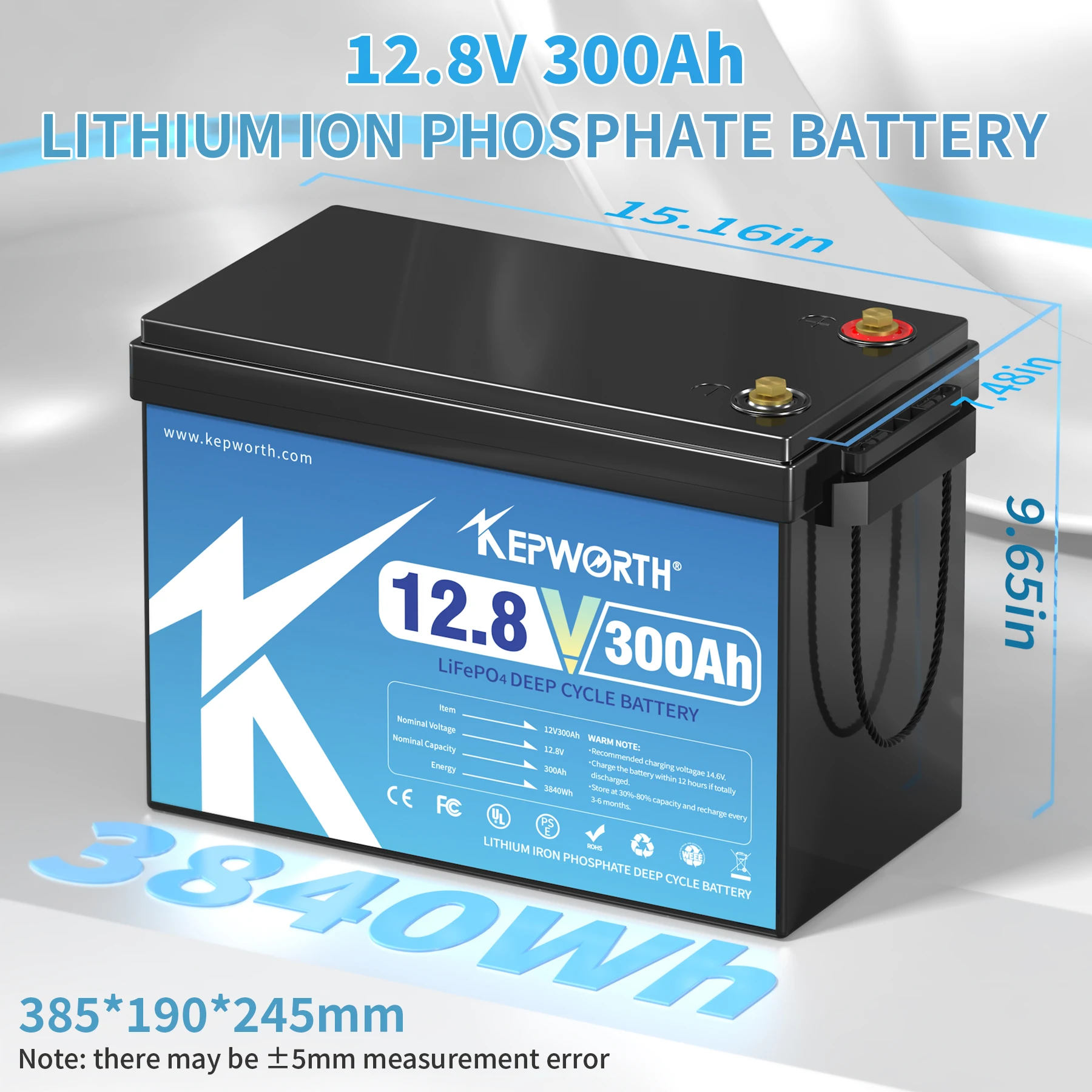 KEPWORTH 12V 300Ah Lithium Iron Phosphate Battery With Upgraded BMS 6000 Cycles For RV Campers Golf Cart Off-Road Off-Grid