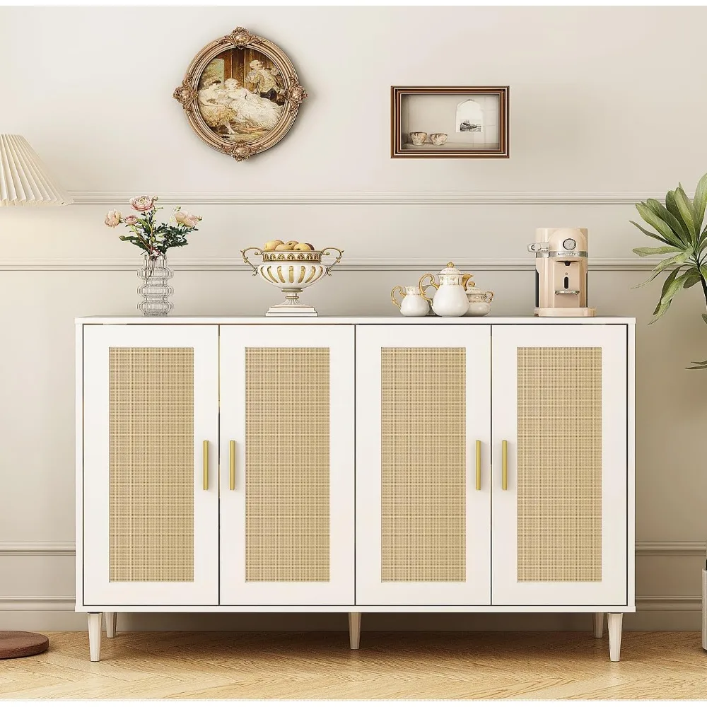 4 Doors Accent Sideboard Buffet Cabinet With Storage Furniture Coffee Bar Cabinet Rattan Sideboard for Dining Room Kitchen Home