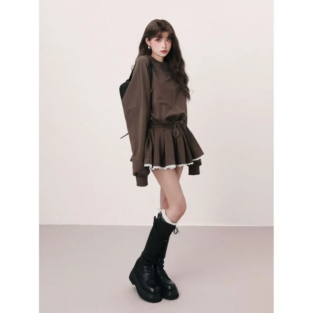 

Retro Hot Girl Round Neck Long Sleeve Waist Dress Autumn Winter Sweatshirt Dress Fluffy Skirt Short Skirt Short Women'S Skirt