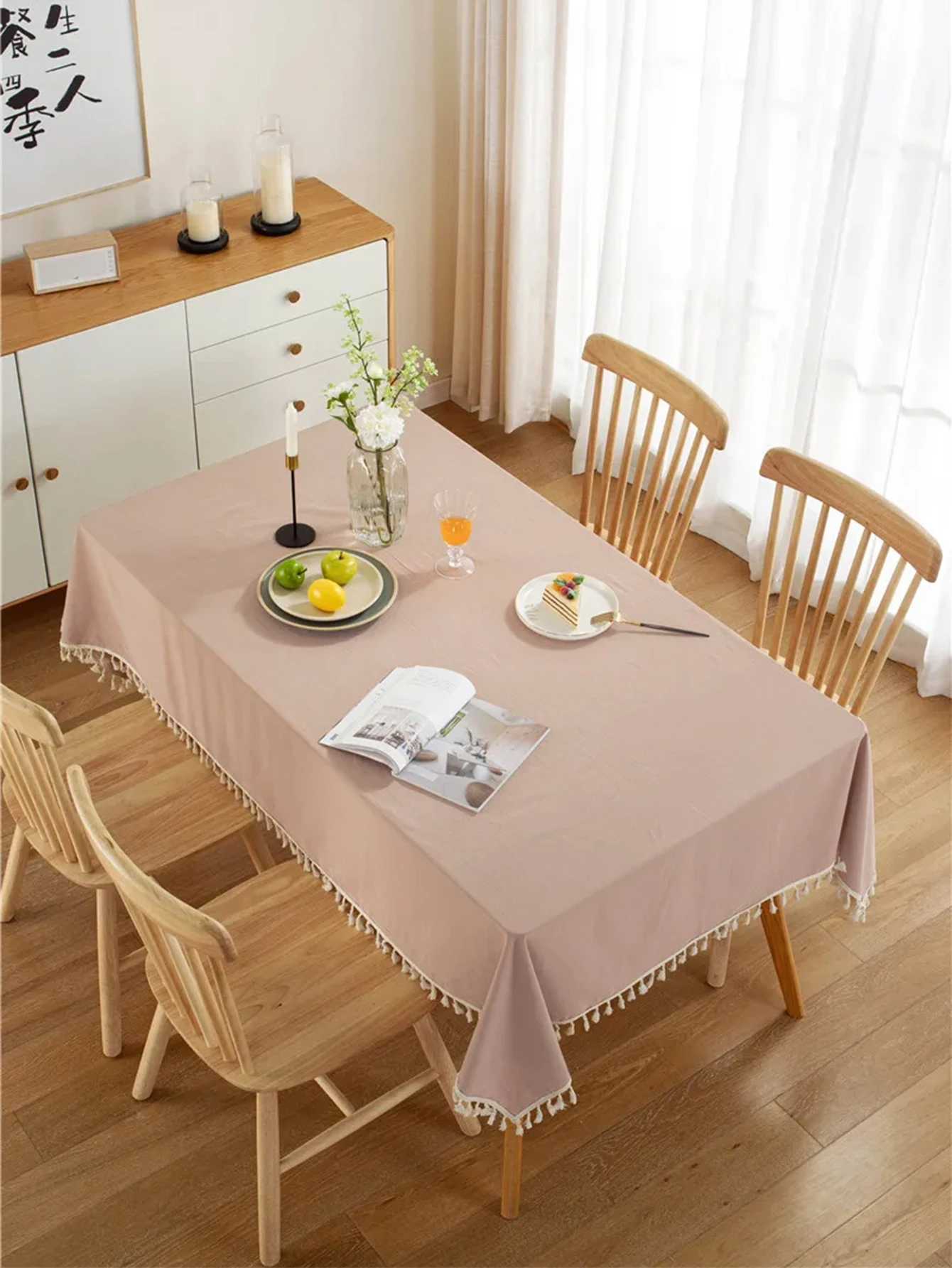 Französische Tischdecke im cremefarbenen Stil für Zuhause, Hochzeit, Party, Urlaub, Küche, weiche gefaltete Quastentischdecke – Detail 3
