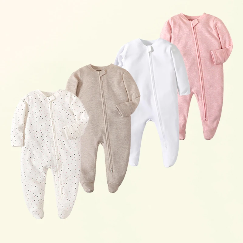 Newborn Baby Clothes Footed Pajamas Zipper Girl and Boy Romper 0-12 Months Soft Cotton Solid White Fashion Long Sleeve Jumpsuit