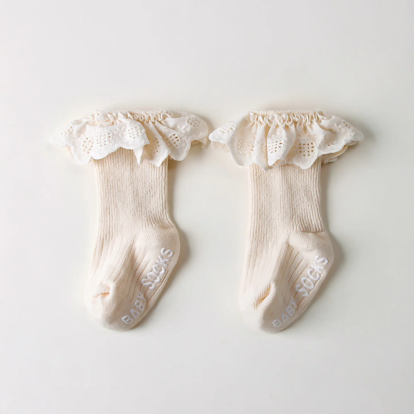 

Suefunskry Baby Girl Lace Trim Socks 2 Pack Soft Cotton Infant Socks with Anti Slip Dots Cute Ruffle Edge Non Slip Baby Socks