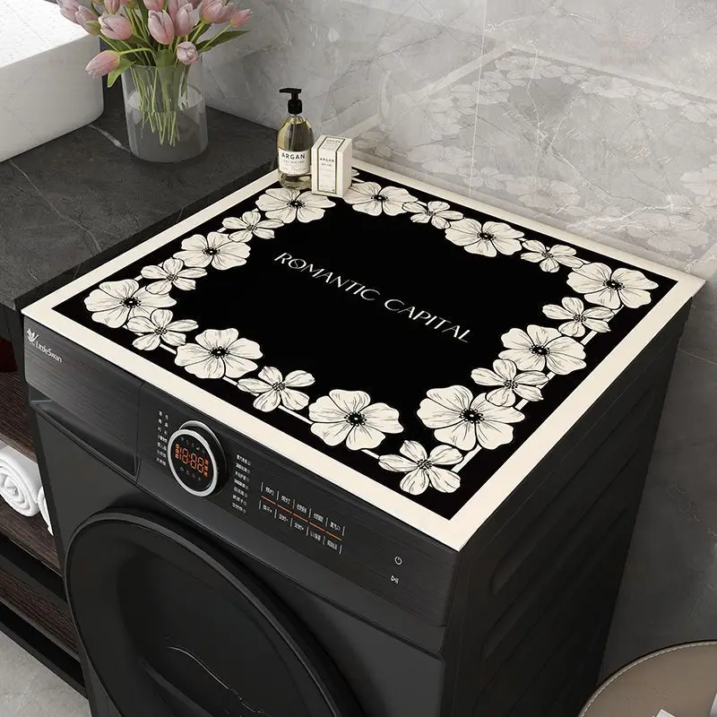 VIKAMA Black White Flower ROMANTIC CAPITAL Washing Machine Top Mat Floral Border Text Beige Edge Absorbent Dustproof Laundry