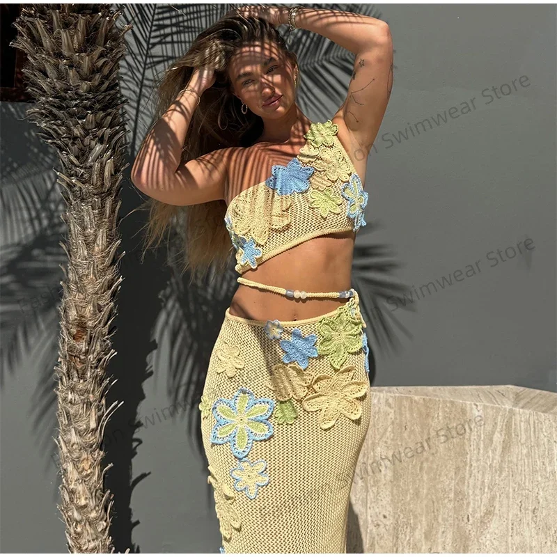 

Sexy Knitted Beads Top Long Skirt Woman's Set Casual Beach 3D Flowers Tops Hollow Out Low Waist Skirts Sets Female Party Holiday
