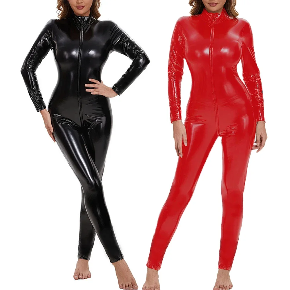 

Women Sexy Hot Wet Look PU Bodysuits Fetish Catsuit Faux Leather Long Sleeve Zipper Open Crotch Bodysuit Tights Cosplay Costumes