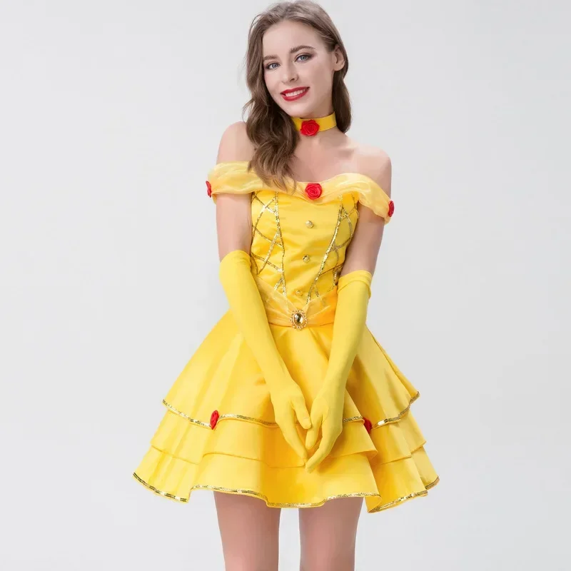 

Halloween Cosplay Fairy Tale Princess Belle One-Shoulder Dress Drama Stage Costume
