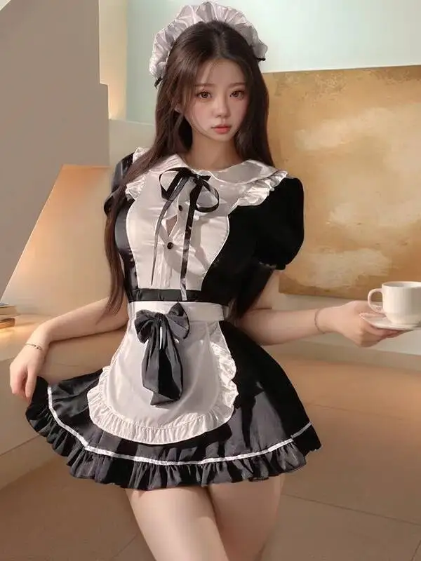 Vestido de uniforme Sexy de sirvienta, vestido de batalla con fecha de estilo puro deseo, bonito vestido con delantal con lazo de manga corta y pecho pequeño, tutú encantador