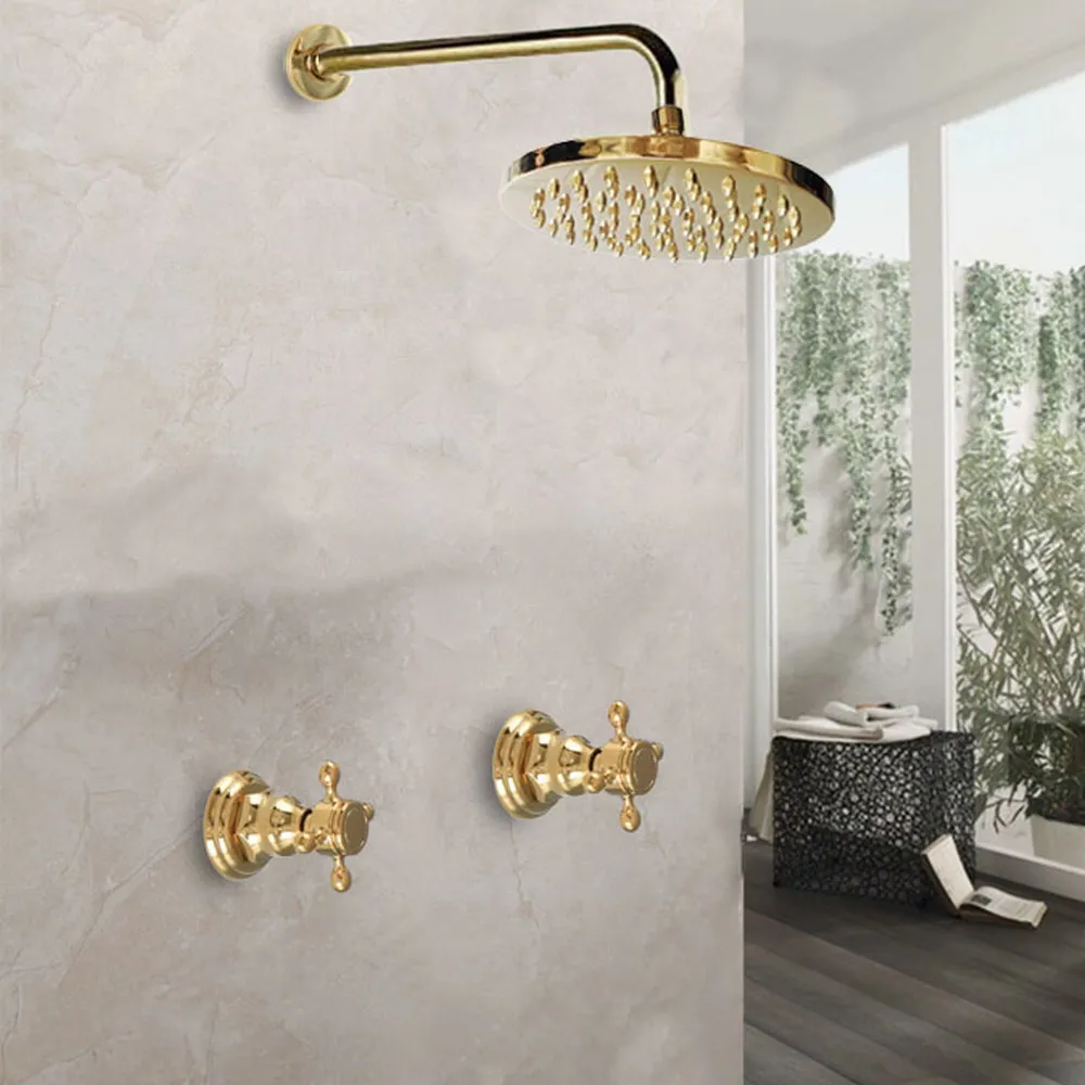 

Gold Color Brass Wall Mounted Bathroom Dual Handles 8" Inch Rain Shower Head Faucet Set Bath Mixer Tap abn224