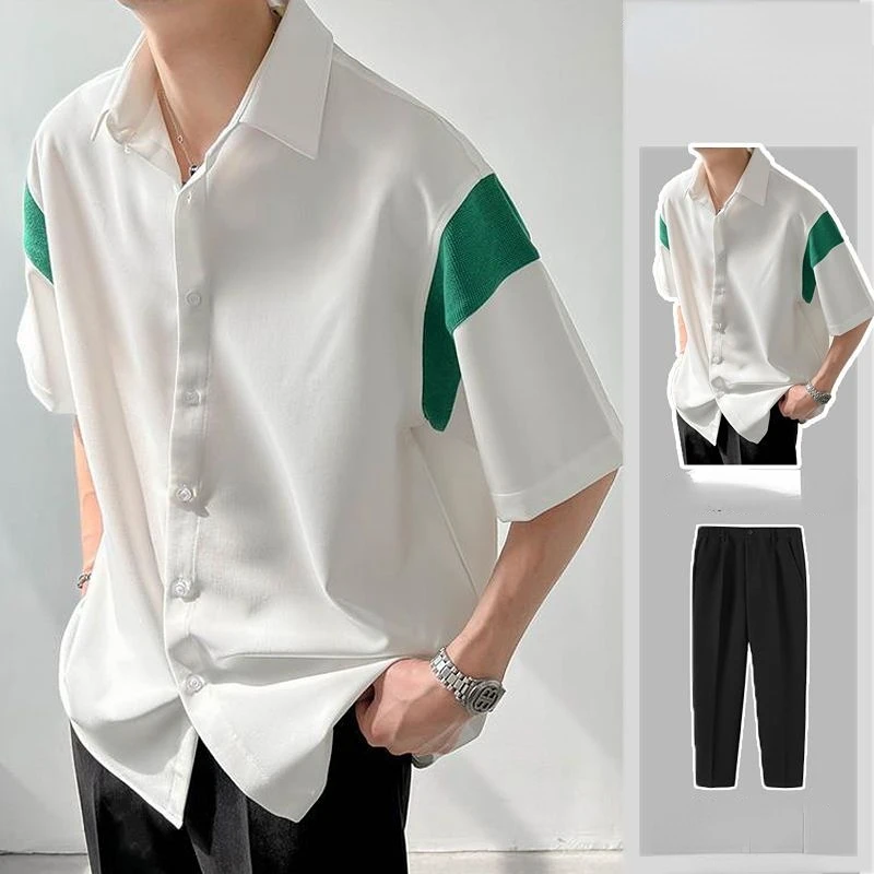 

Summer Short Sets Men Fashion Society Mens Dress Suit Korean Loose Short-sleeved Shirt Pants Two-piece Set Men Suit T172