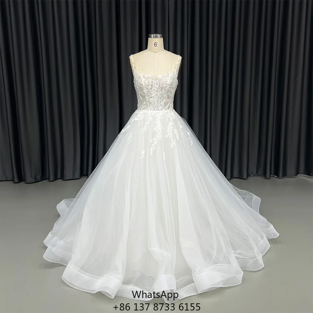 

HX98 Civil Spaghetti Strap Wedding Ivory Ball Gown Dress With Train