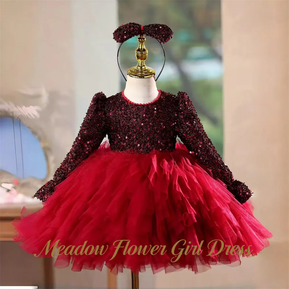 Meadow Burgundy Kids Birthday Party Dress Round Neck Pageant Dress for Girl Long Sleeve Burgundy Sequin First Communion Gown