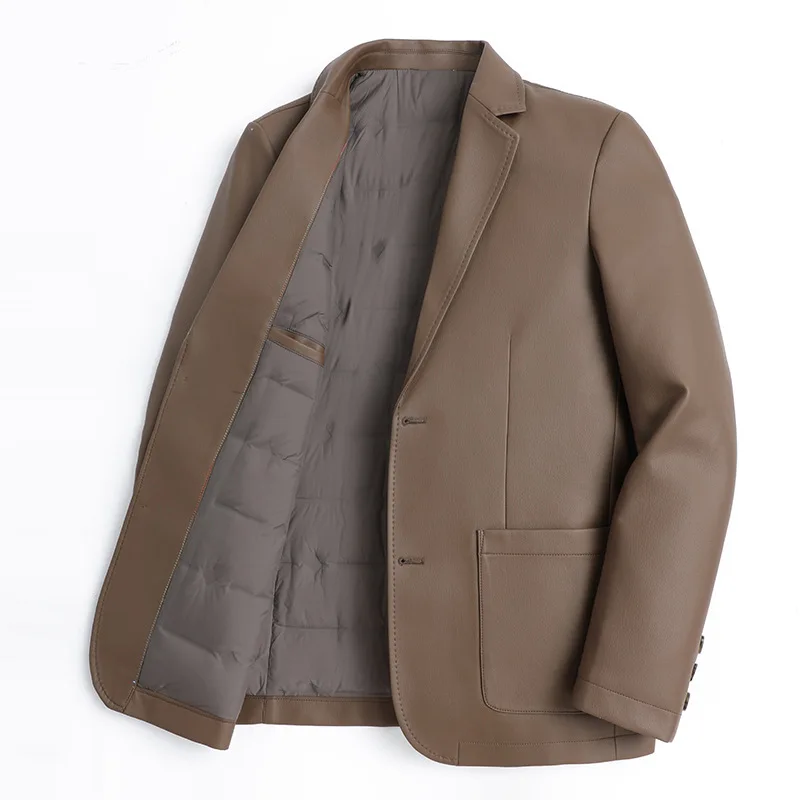 Winter Pu Leather Down Blazer Men White Duck Down Padded Business Suit Jacket Man Warm Outerwear chaqueta sin mangas FS-241