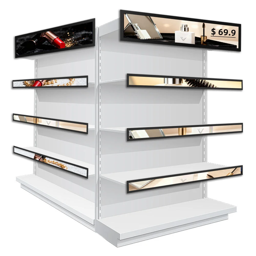 19.5 24 28.1 34 37.6 43 Inch Photo Video Advertising Display Lcd Shelf Stretched Touch Screen Shelf Display