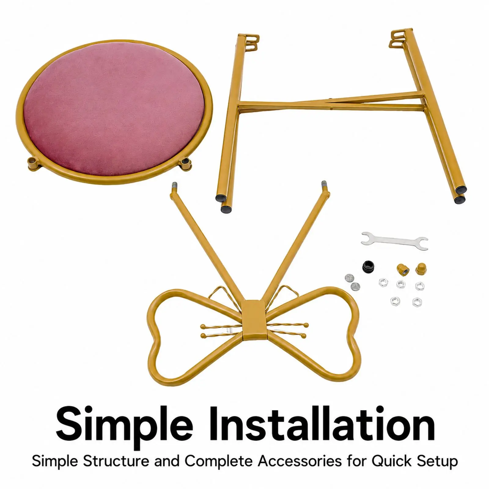 Pink Butterfly Backrest Vanity Chair Gold Plastic Sprayed Iron Frame 100kg Load Anti-slip Feet Girly Makeup Stool view 8