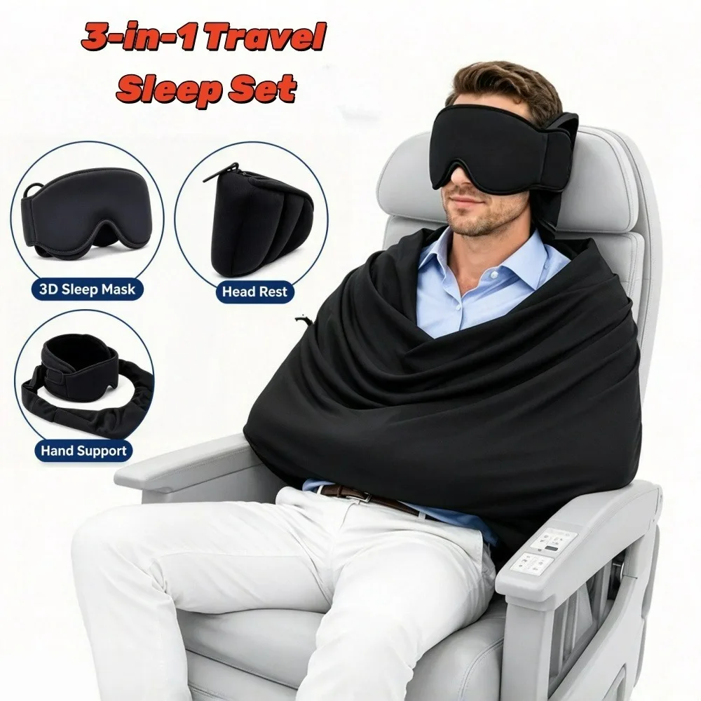3-in-1 Airplane Sleep Support Kit with Memory Foam Long Haul Flight Pillow Eye Mask and Blanket-Like for Traveling Office ， Home