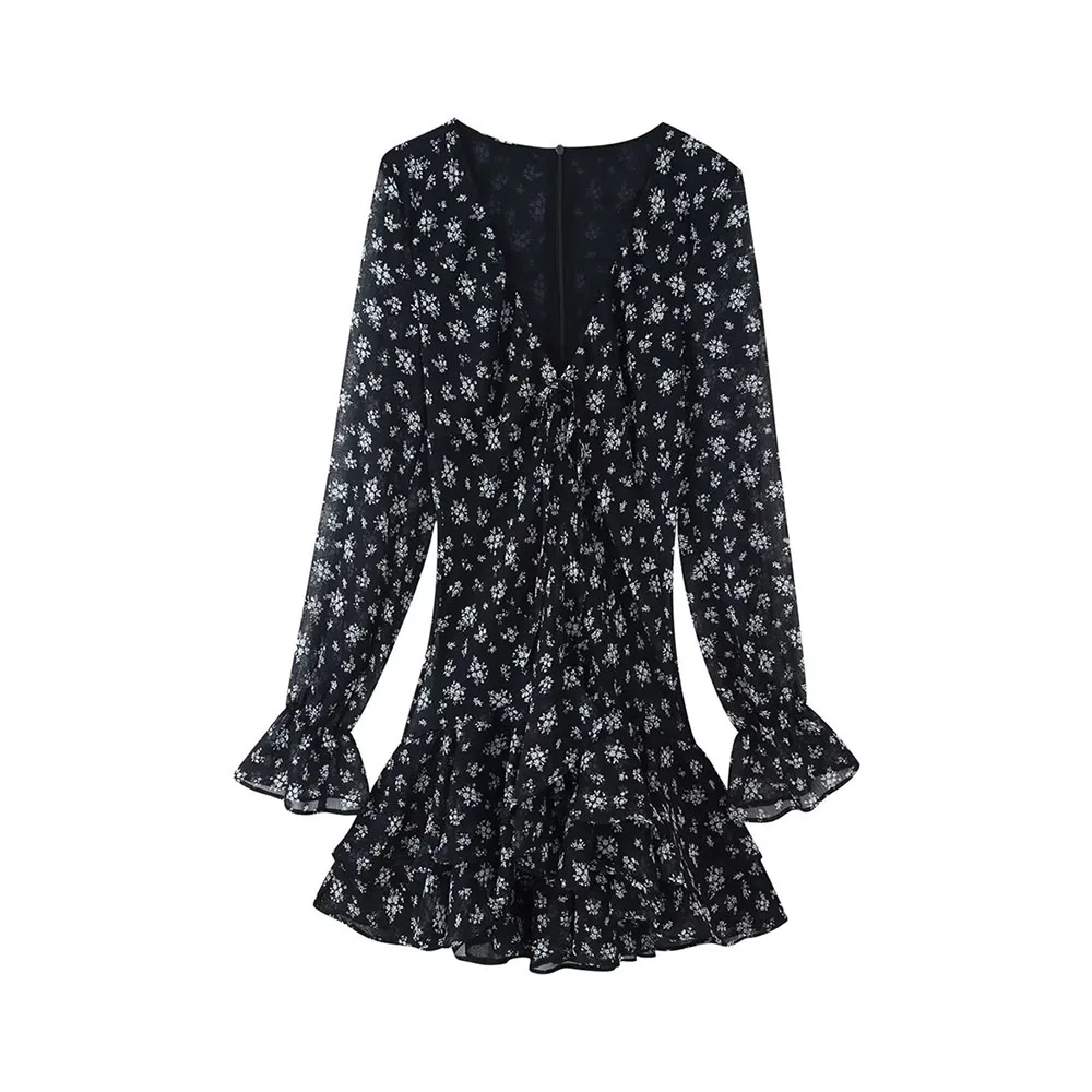 Outono novo estilo de deslocamento feminino impresso em camadas decoração com decote em v vestido de manga comprida