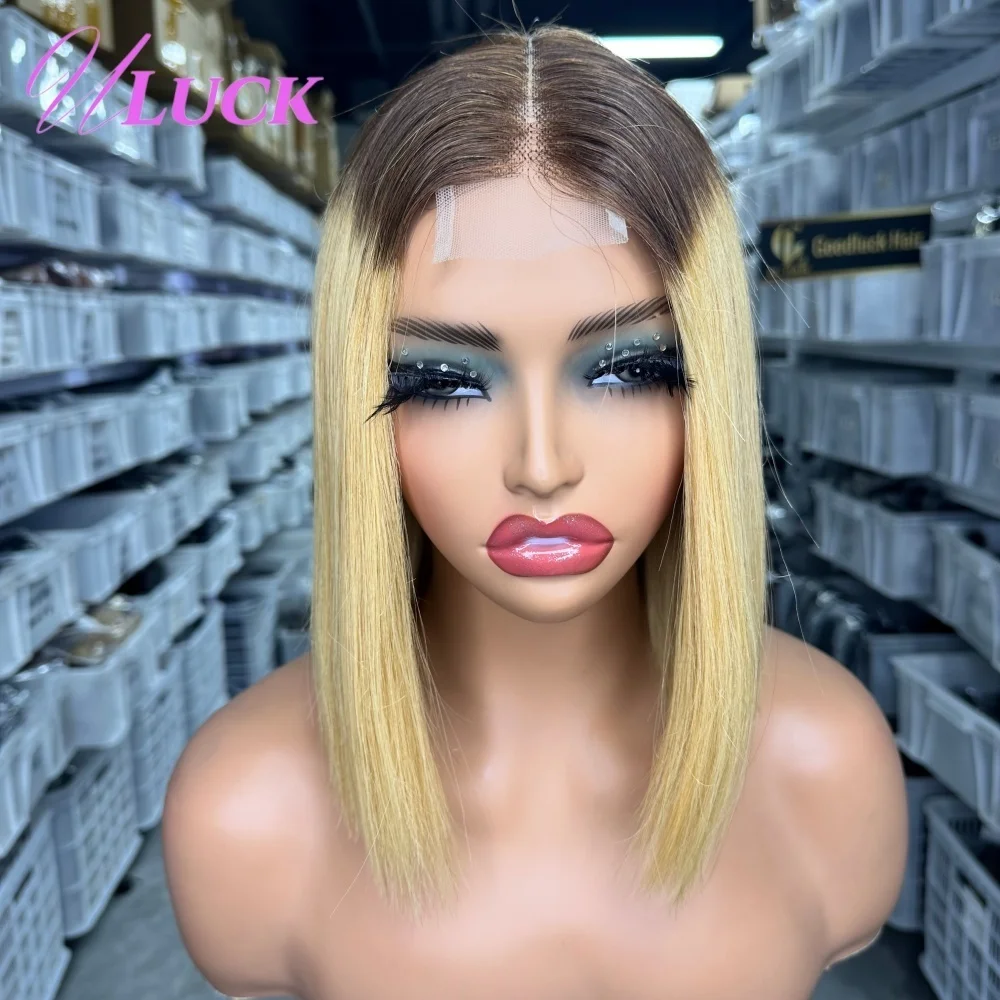 Parrucche Bob diritte doppie disegnate Uluck Parrucche per capelli umani di colore biondo Ombre 300 Densità 2x6 Parrucca frontale in pizzo pronta da indossare per le donne
