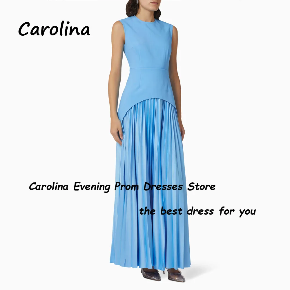 Carolina Blue O-Neck Pleat A-LINE Evening Dress Saudi Arabia 2024 Slim Crepe Sleeveless Ankle-Length Prom Dress