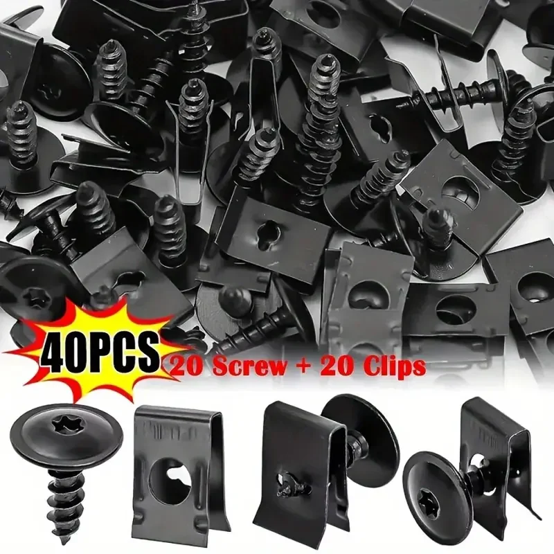 40pcs Car Self-Tapping Screws, U-Shaped Metal Spacers & Threaded Clips, Auto Body Bumper Chassis Fasteners