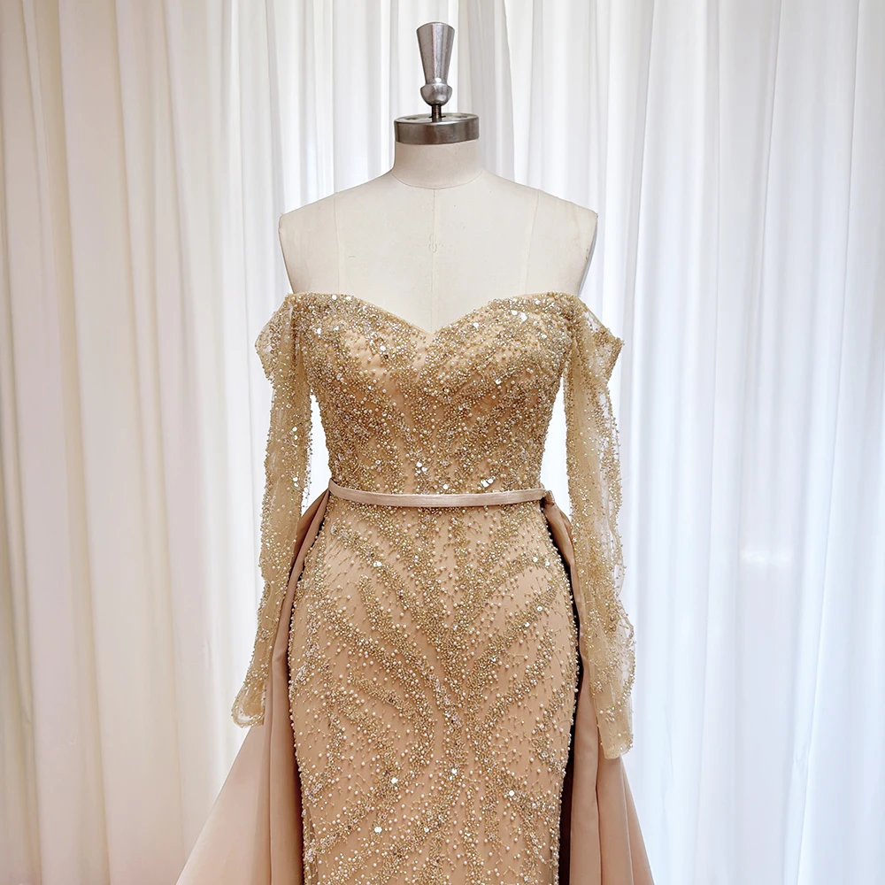 Vestido de noche elegante de satén para mujer con tren desmontable perlas mangas largas sirena vestido de fiesta de graduación personalizado 2025 boda