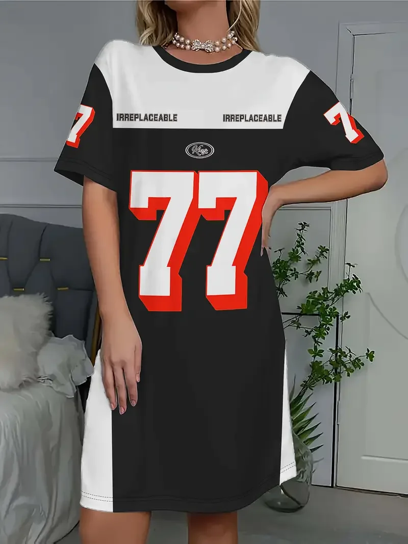 الصيف المرأة تي شيرت فستان حجم كبير رسالة عادية رقم 07 مطبوعة سيدة قصيرة الأكمام البلوز فساتين النساء الملابس