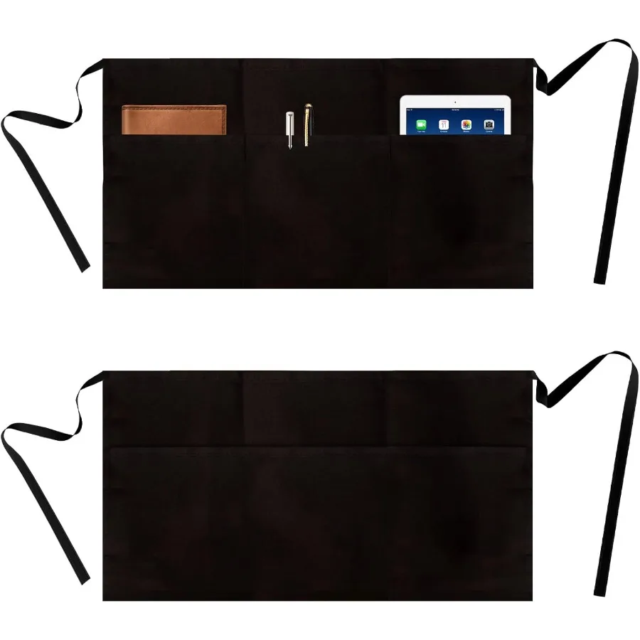 

2 Pack Server Apron Black Waitress Apron with 3 Pockets Waiter Short Half Waist Apron for Women with Pockets