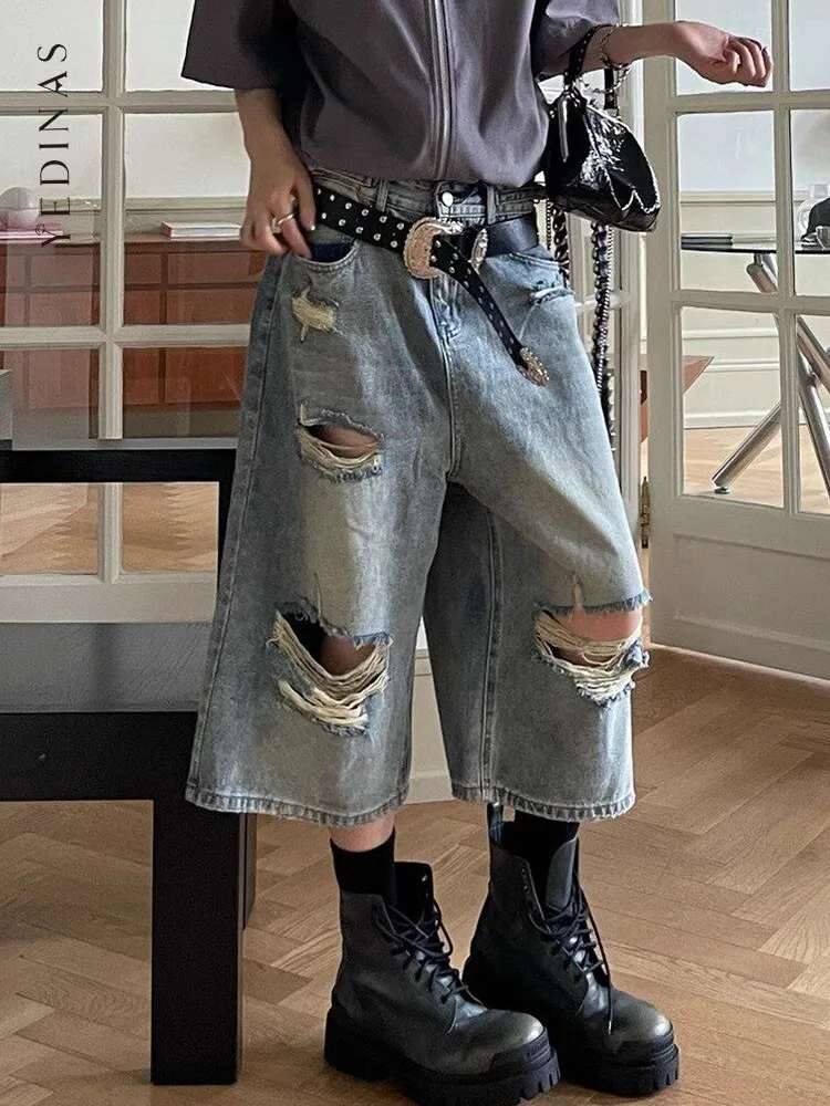 

Yedinas Grunge Women's Retro Denim Shorts Unisex Korean Fashion Wide Leg Capris Vintage Streetwear Summer Female Jeans Shorts