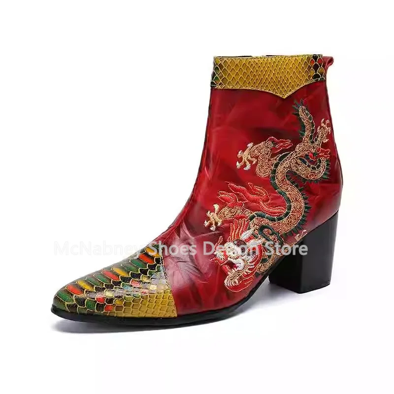 

Retro Dragon Embroidered Totem Men's Ankle Boots Fashion Design Mixed Color Round Toe Chunky Heel Male Zipper Chelsea Boots