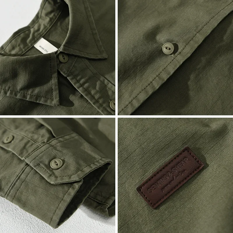 Spring Fall Men Shirts Japanese Loose Cargo Shirt Man Casual Pure Cotton Tops Lapel Long Sleeve Army Green Shirt Vintage Clothes