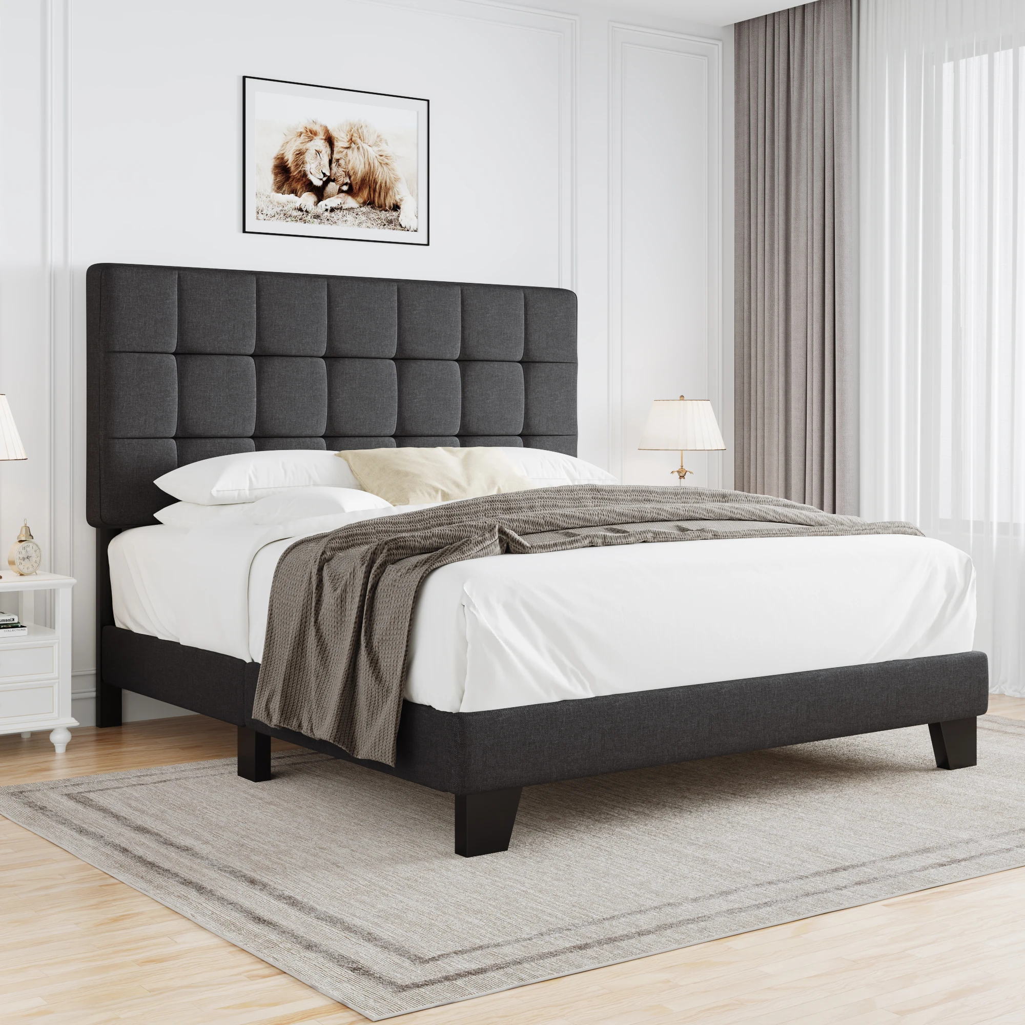 HOOMIC Upholstered Panel Bed with Adjustable Headboard, Full Bed Frame for Box Spring, Easy Assembly Allewie