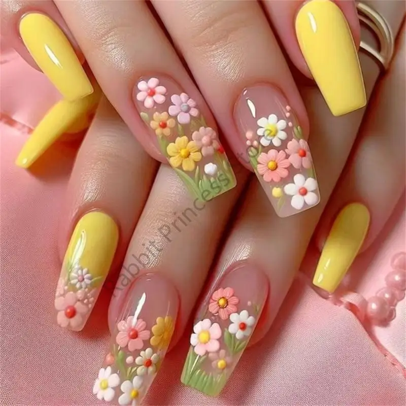 

BX0F Short Square Press on French Tips Fake Full Cover False with Flower Designs Artificial Acrylic