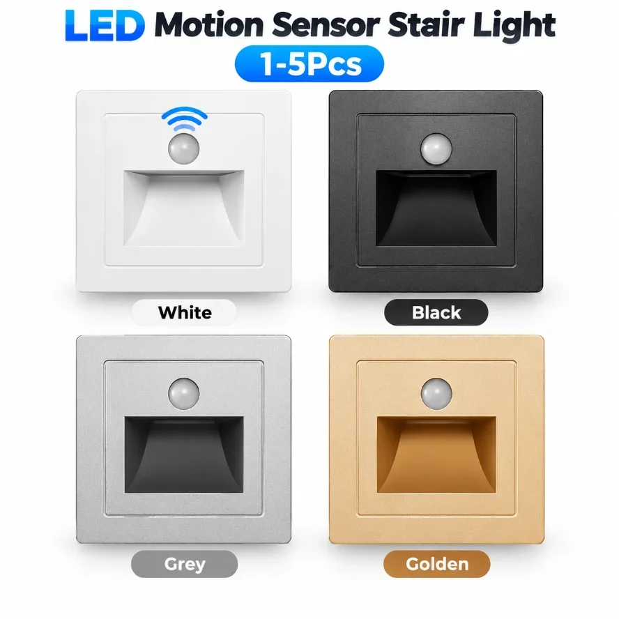 1-5Pcs LED Motion Sensor Stair Light PIR Human Body Induction Step Lamp Embedded Wall Foot Light for Stair Corridor Lighting
