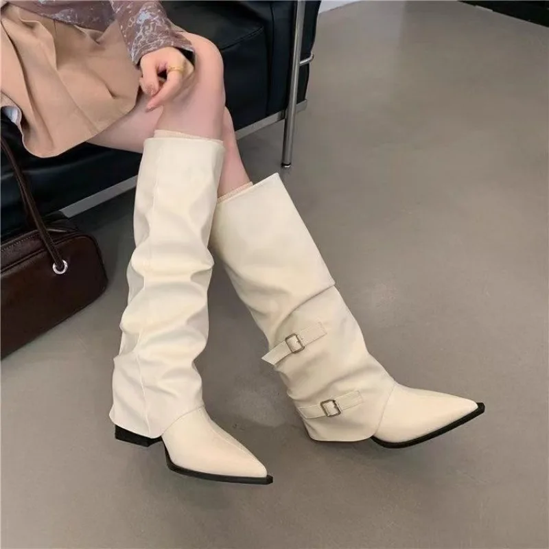 Pleated Buckle Knight Boots for Women Pointed PU Leather Knee High Boots Woman Slip-On Thick Heel Riding Botas Mujer Punk Boot
