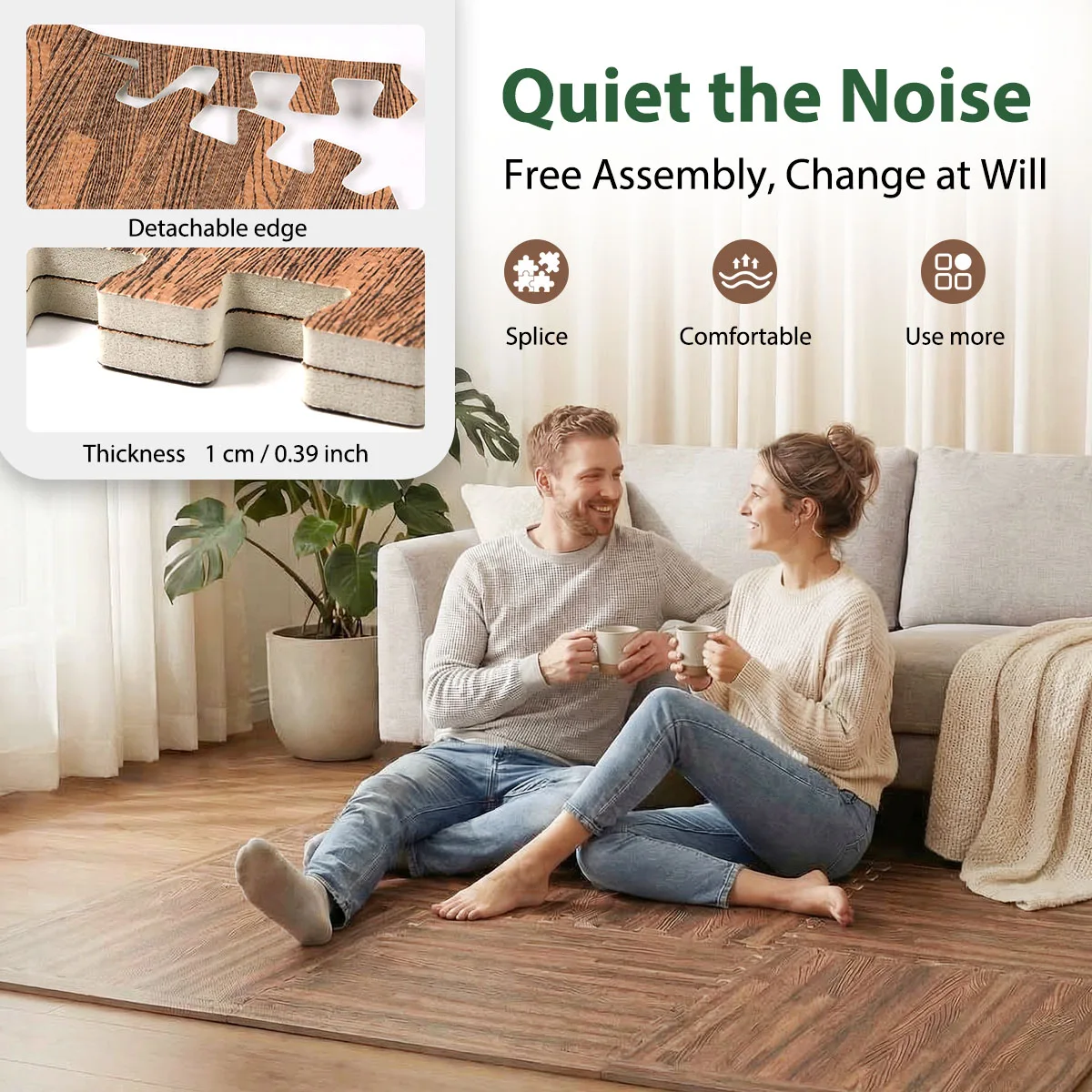 Wood Grain Interlocking EVA Foam Floor Tiles, 24 Pack 30x30cm Waterproof Puzzle Exercise Mat, 1cm Thick Noise Reduction Non Slip Foam Flooring for Living Room Bedroom Gym Kids Playroom