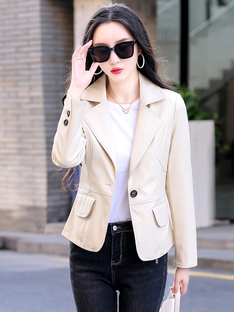 Veste en cuir d'agneau slim fit pour femme, polyvalente, nouvelle collection automne, manteau tendance pour femmes grandes tailles