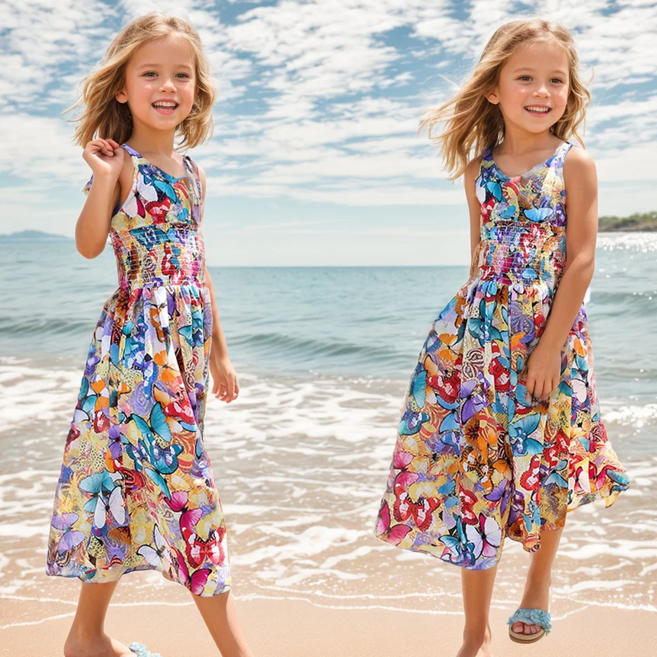 Girls Flower Bohemian Summer Dress ChildKids Girl Beach Dresses Chiffon Dresses Floral Teenager Girl\'s Clothes 6 8 10 12 14 Year