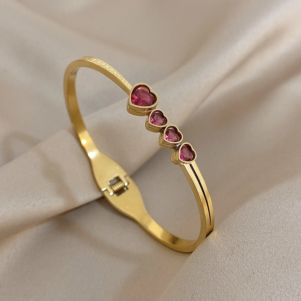 

Freetry Elegant Pink Heart Rhinestone Stainless Steel Open Spring Bangle for Women Waterproof Cuff Bracelet Festival Jewelry