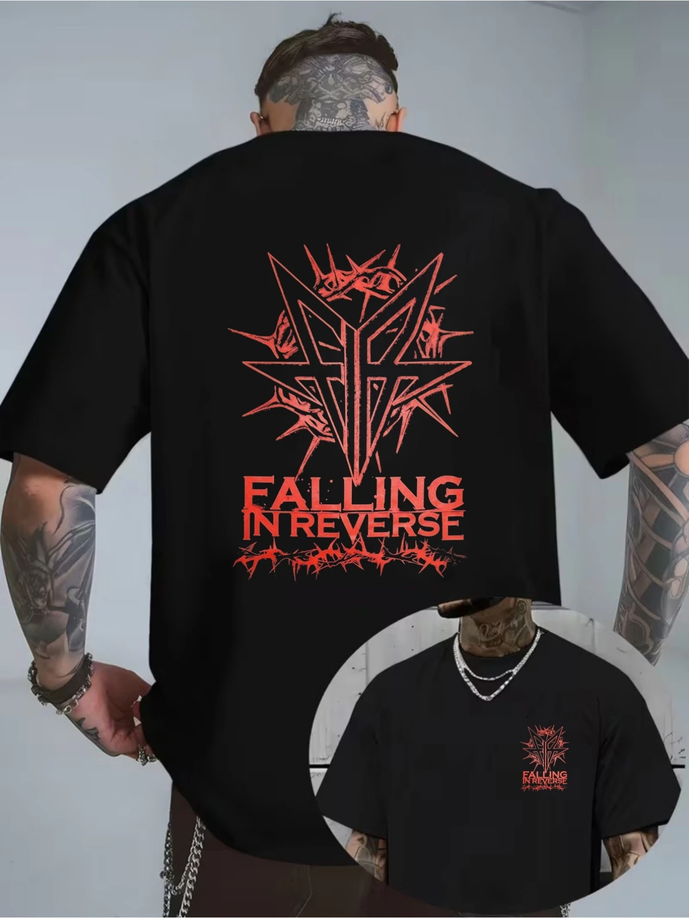 Men'S Falling in Reverse Band Graphic T-Shirt, Red Star Logo Print, Casual Short Sleeve Tee, Metalcore Aesthetic Top