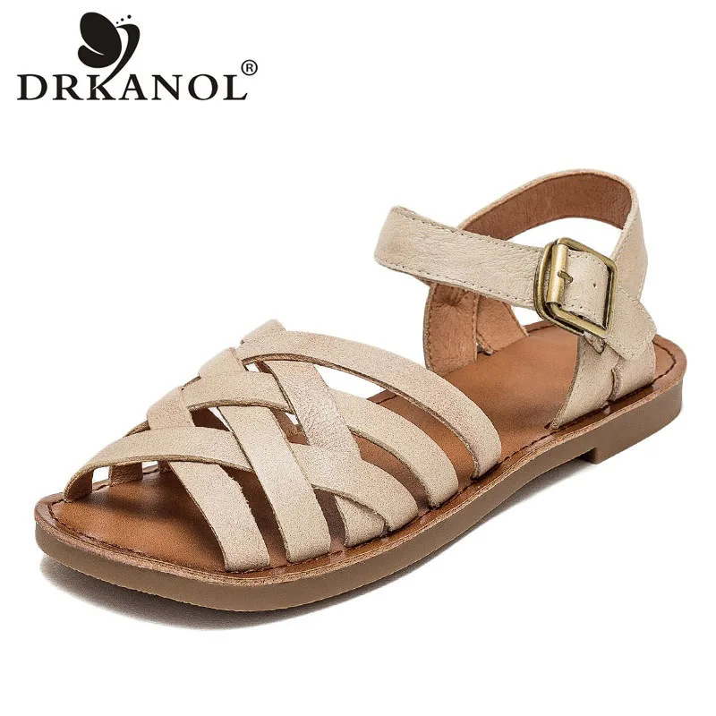 DRKANOL 2024 Summer Shoes Women Flat Sandals Handmade Genuine Leather Peep Toe Metal Buckle Low Heel Casual Roman Sandals Green