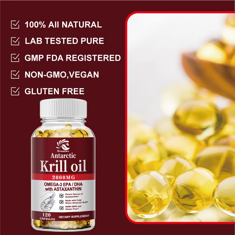 Krill Oil | 2000mg with Astaxanthin, Omega 3, DHA, EPA, and Phospholipids | No Smell, No Fishy Taste | 60/120 Capsule