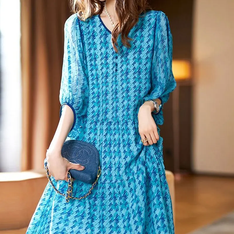 Stylish Loose Printed A-Line Midi Dress Casual V-Neck Female Clothing Korean 3/4 Sleeve Spring Summer Spliced Button Dresses New