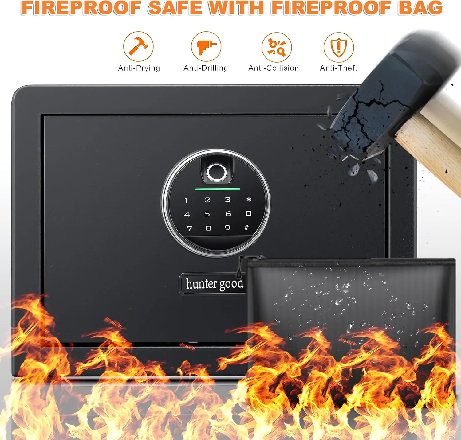 1.0 Cubic Feet Fingerprint Fireproof Home Safe With Fireproof Document Bag, Digital Security Safe With Removable Shelf Secure Ca