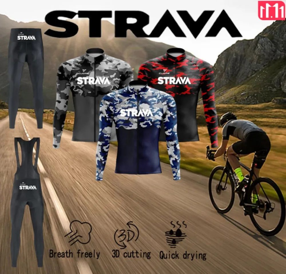 STRAVA Men's Jacket Cycling Wear Road Mountain Bike Long Sleeve Pants Suit Cycling Sports Outdoor Christmas Cycling Gear Gifts