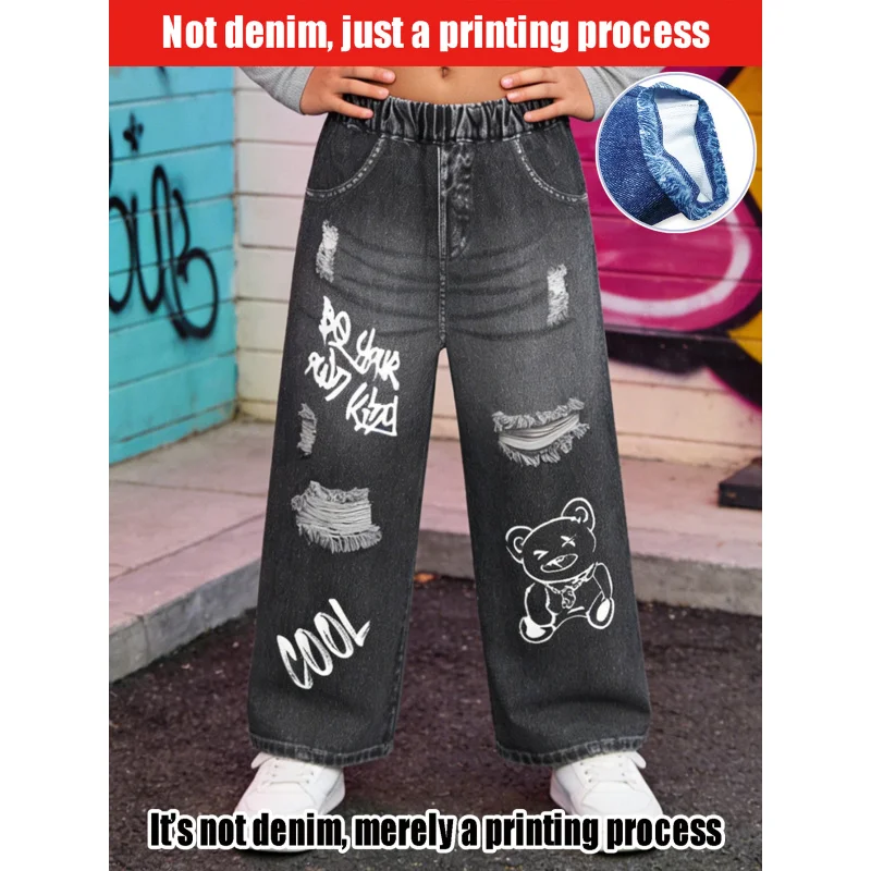 2026Children's Cartoon Bear，English，Ripped Faux Denim Jeans Children's Street Fashion Casual Pants