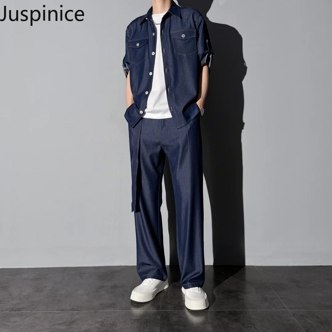 

Summer Blue Short-sleeve Denim Shirt Jeans Suit Men's Casual Loose High Street Personality Tops Pants Men Bottom Male Clothes